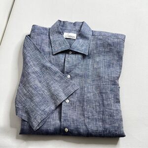 Heron Haberdashery Line Shirt Size Large Heather Blue Short Sleeve Button-Up